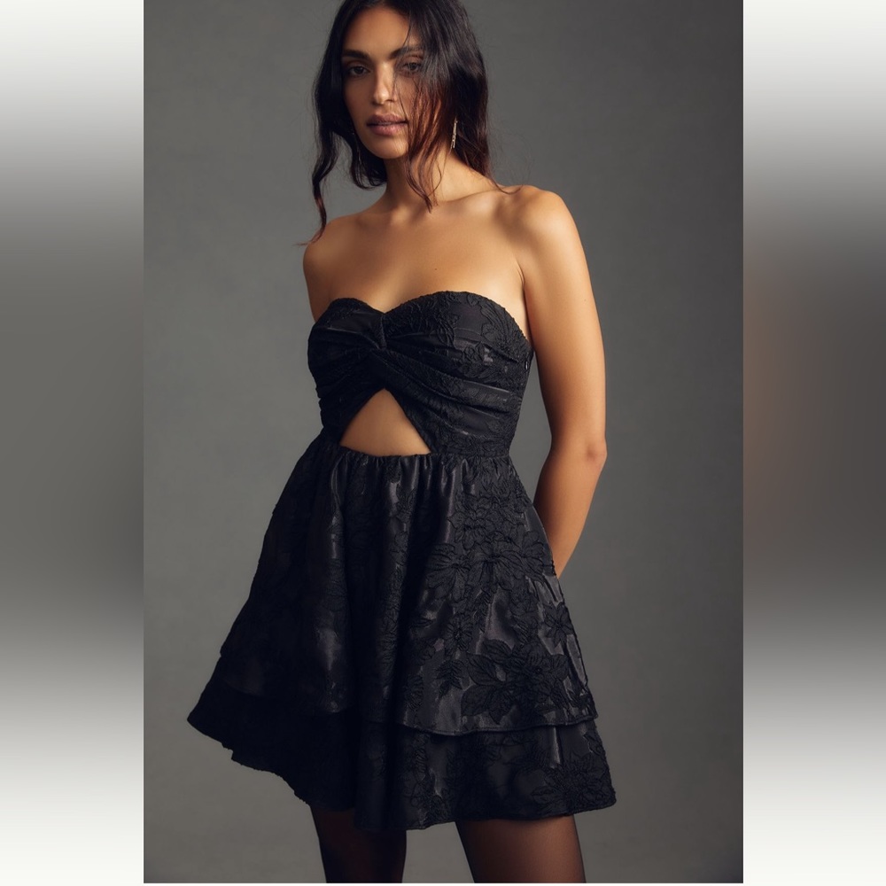 Anthropologie Bhanuni by Jyoti Strapless Mini Dress Black Jacquard Floral NWOT